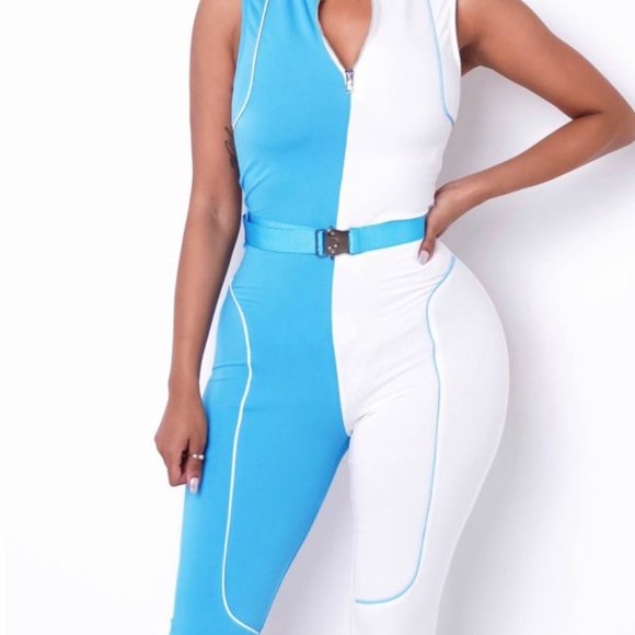 Women's Blue & White Sleeveless Color Block Sporty Romper - Picture 9 of 11